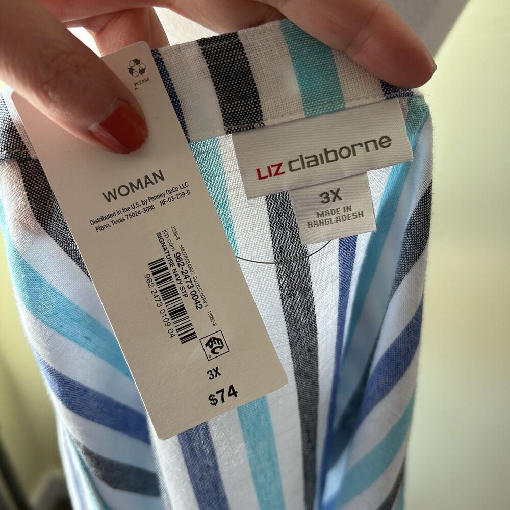 NWT Liz Claiborne Striped Blue White Linen Cotton Sleeveless Dress - Picture 8 of 9